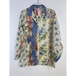 Vintage Sheer Chiffon Blouse Floral Print Boho Garden Button Down S/M